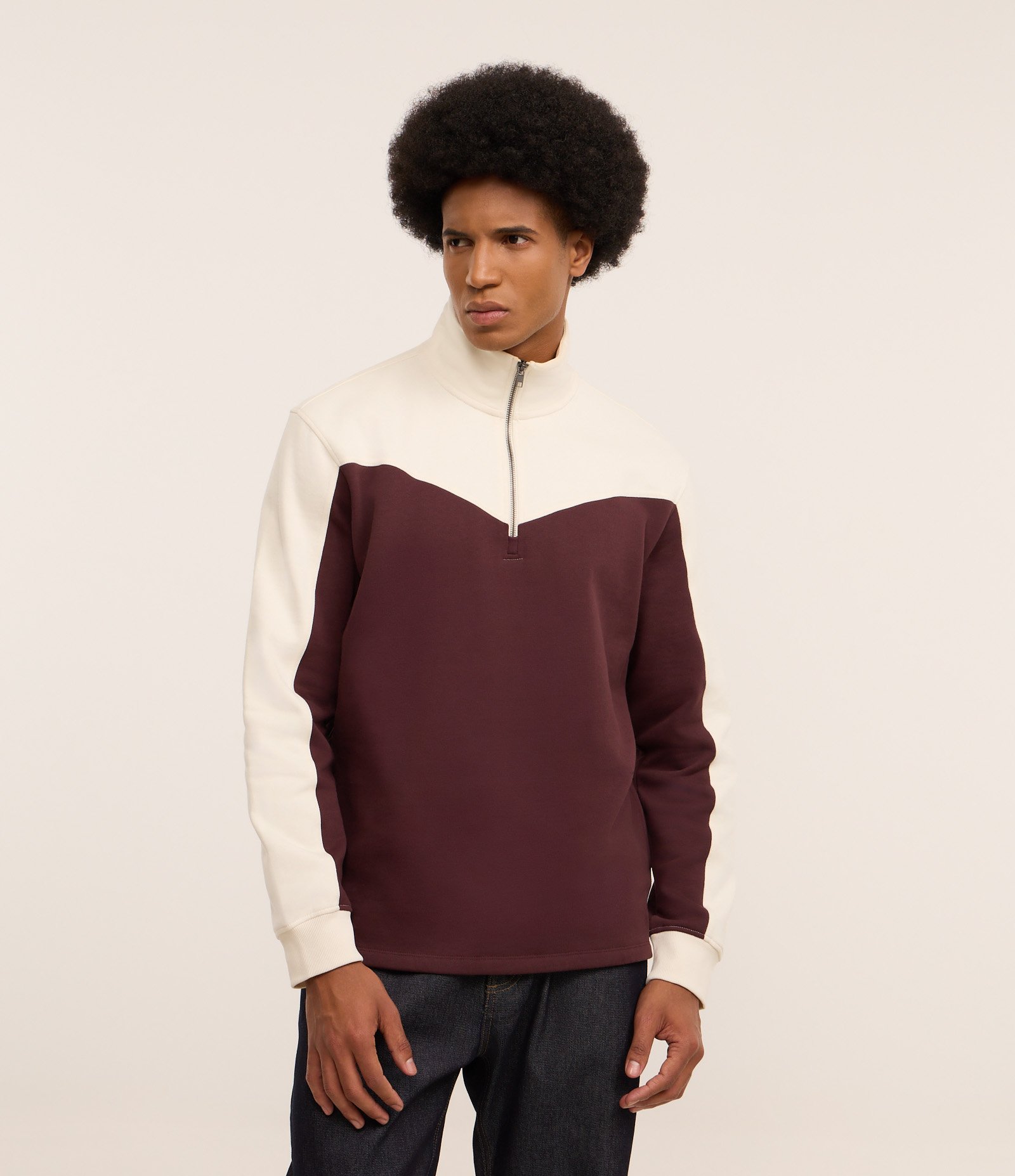 Casaco em Algodão Gola Alta com Zíper Bicolor Off white/Vinho 1