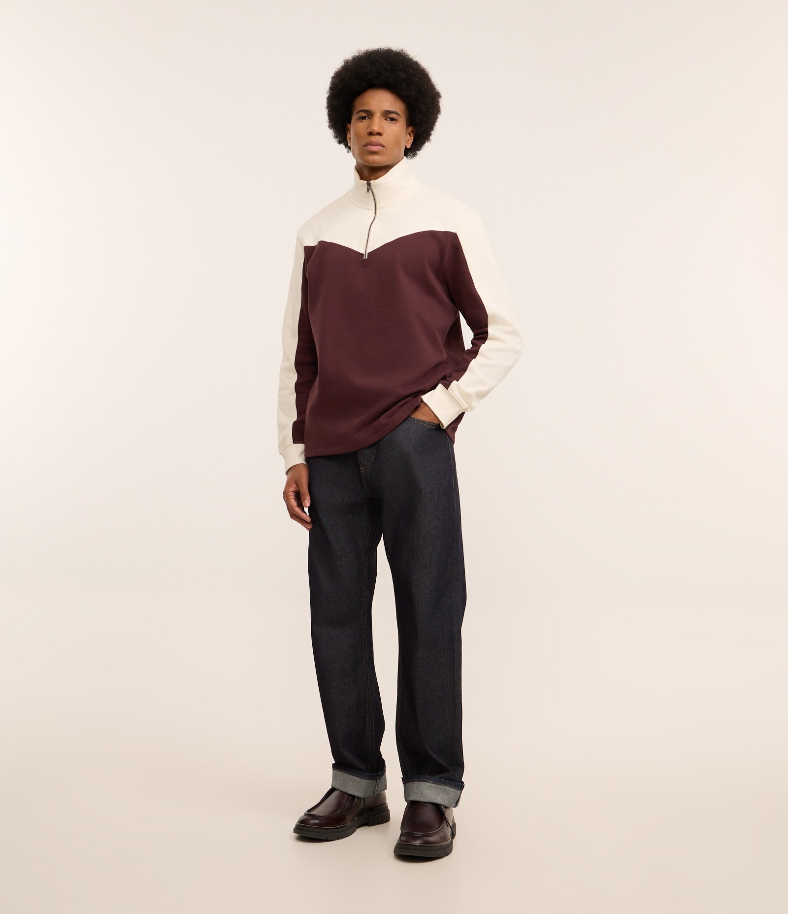 Casaco em Algodão Gola Alta com Zíper Bicolor Off white/Vinho 2