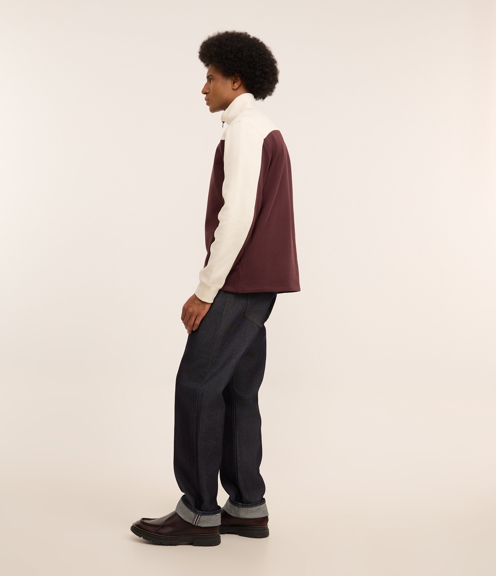 Casaco em Algodão Gola Alta com Zíper Bicolor Off white/Vinho 5