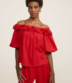 Blusa Ombro a Ombro com Linho e Babados