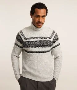 Sueter em Tricô com Textura Jacquard e Estampa Étnica