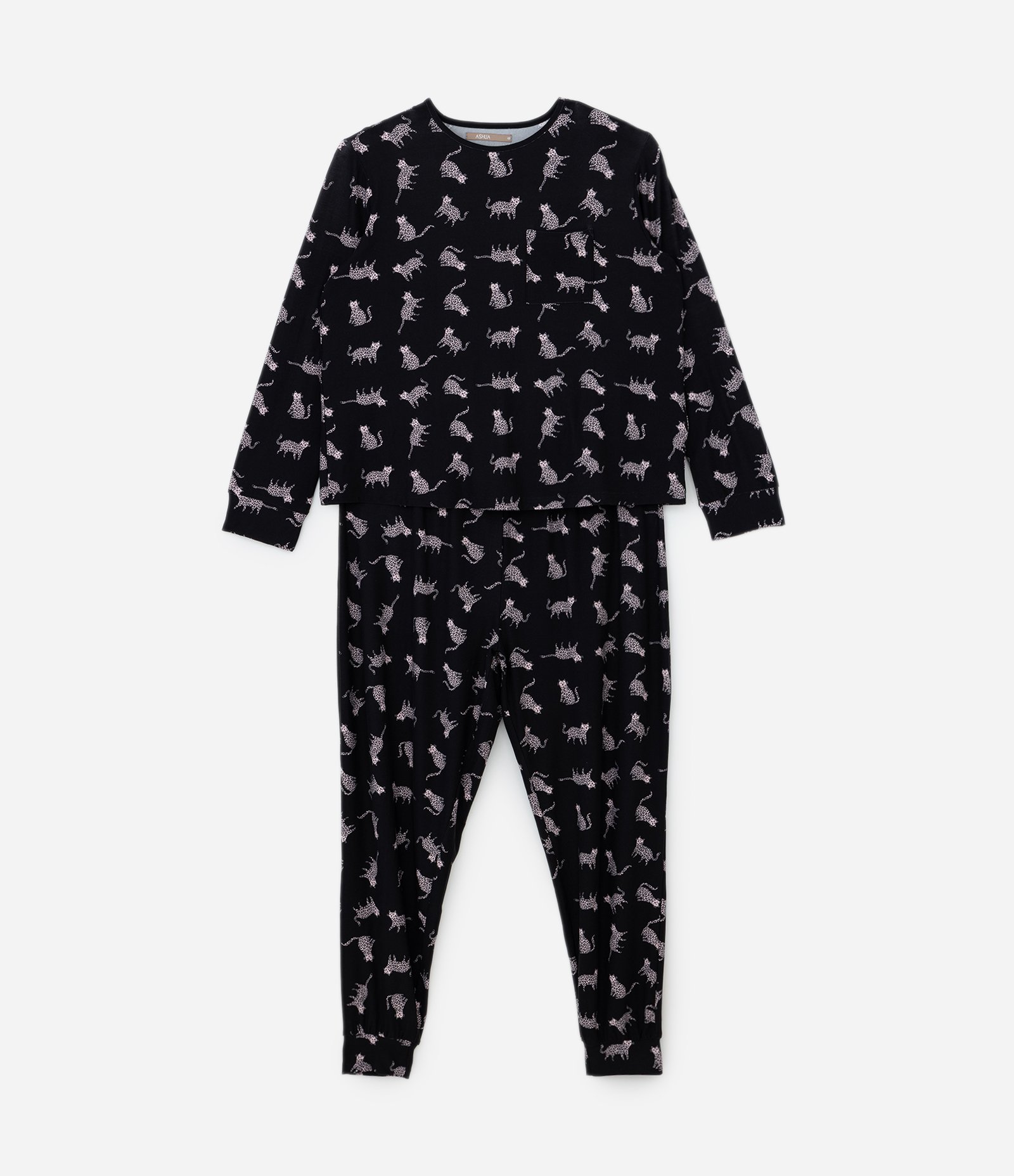 Pijama Longo com Toque Suave e Estampa Onças Curve e Plus Size Preto 5