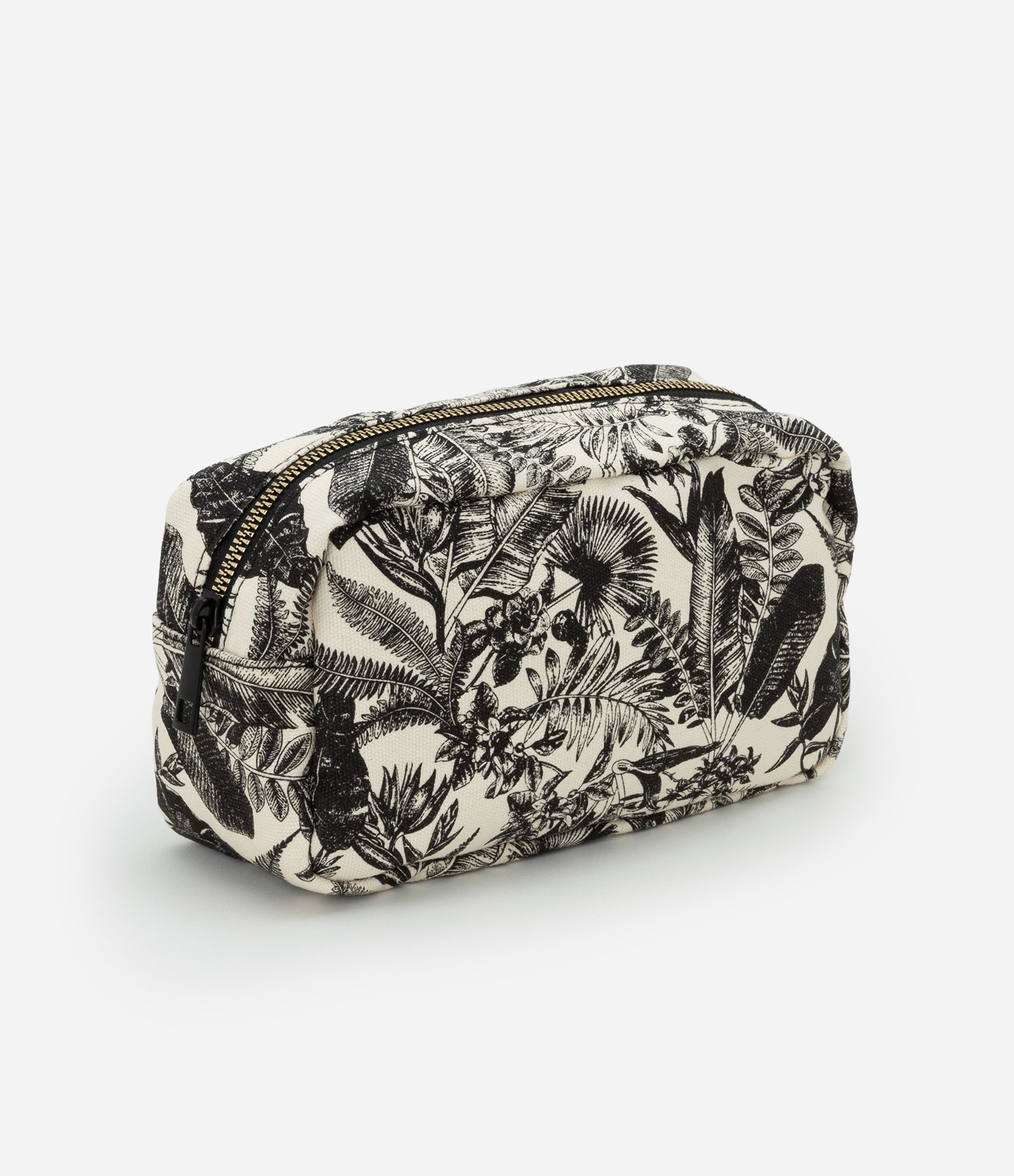 Nécessaire Retangular com Fechamento de Zíper e Estampa Folhagens Off White/ Preto 1