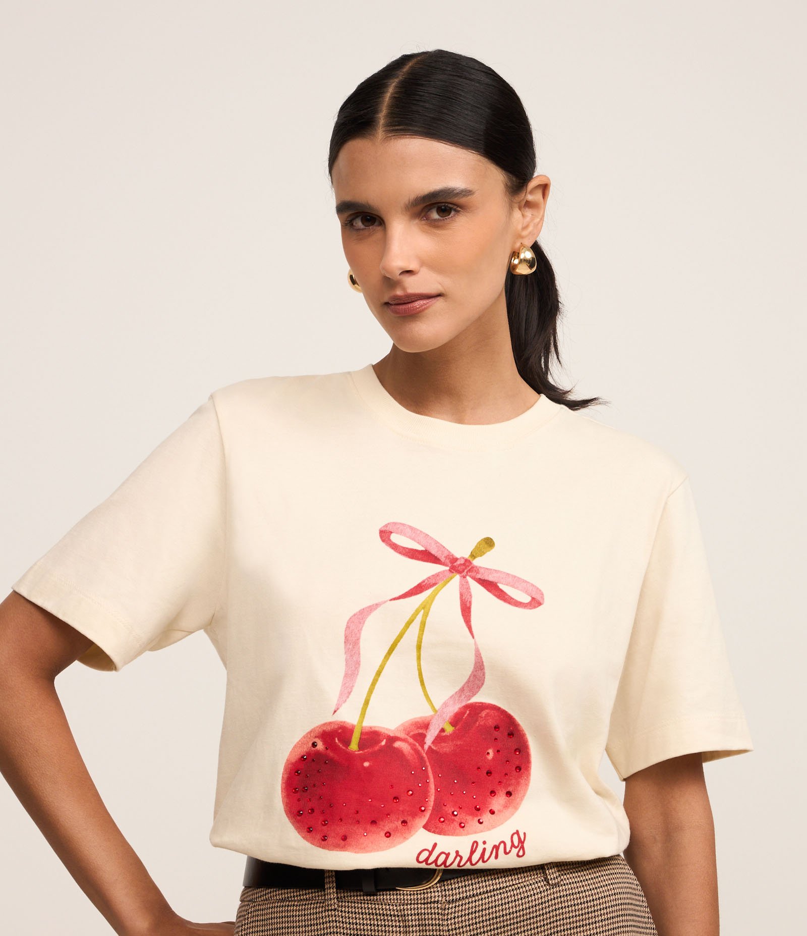 Camiseta em Algodão com Estampa Cereja Darling Off White 1