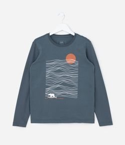 Camiseta Infantil com Estampa Sol e Ondas - Tam 5 a 14 Anos