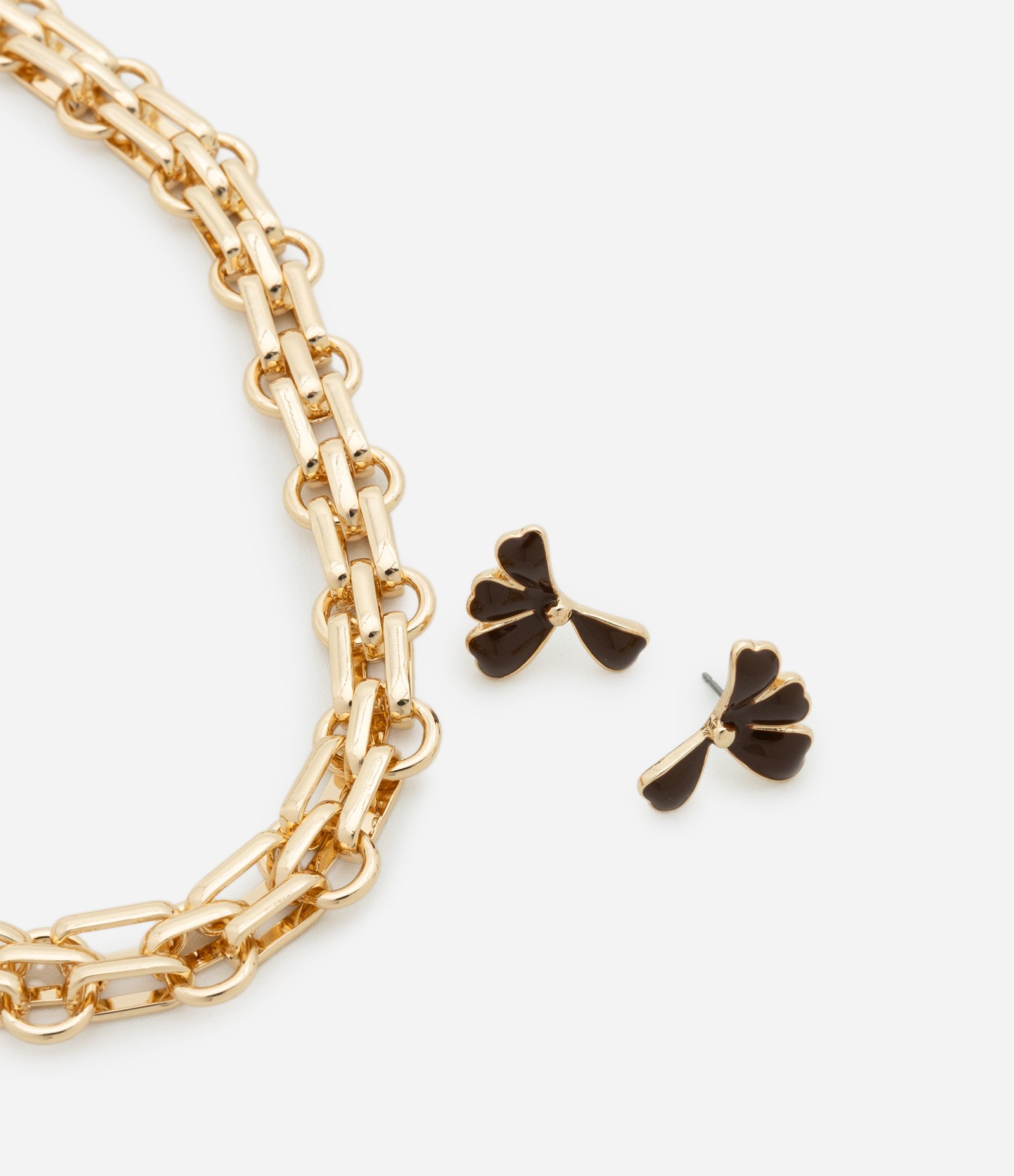 Conjunto de Colar Corrente e Brinco em Metal com Detalhe Esmalte Dourado 1