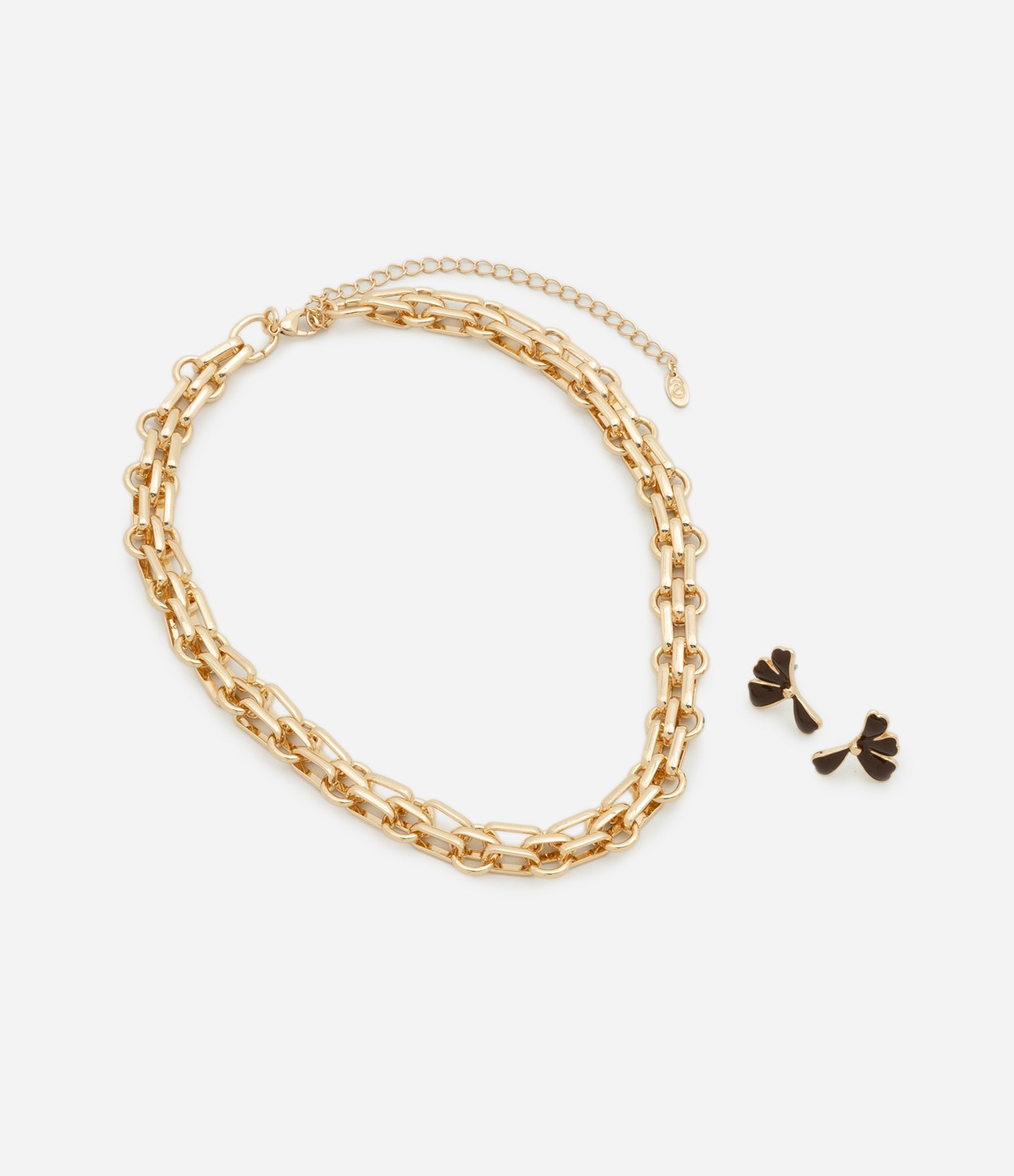 Conjunto de Colar Corrente e Brinco em Metal com Detalhe Esmalte Dourado 2