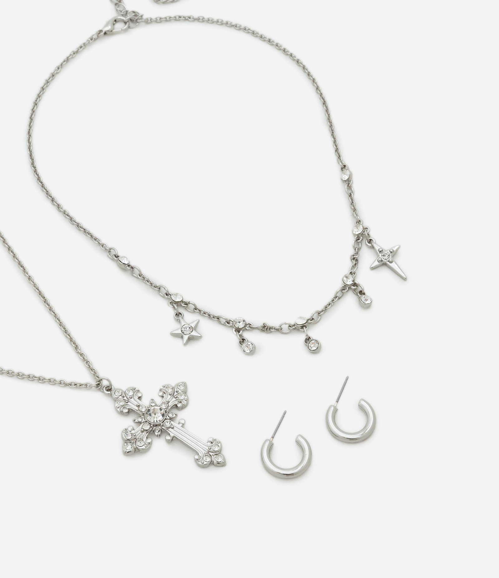 Conjunto de Colar Camadas com Pingente de Cruz e Brinco em Metal Prata 1