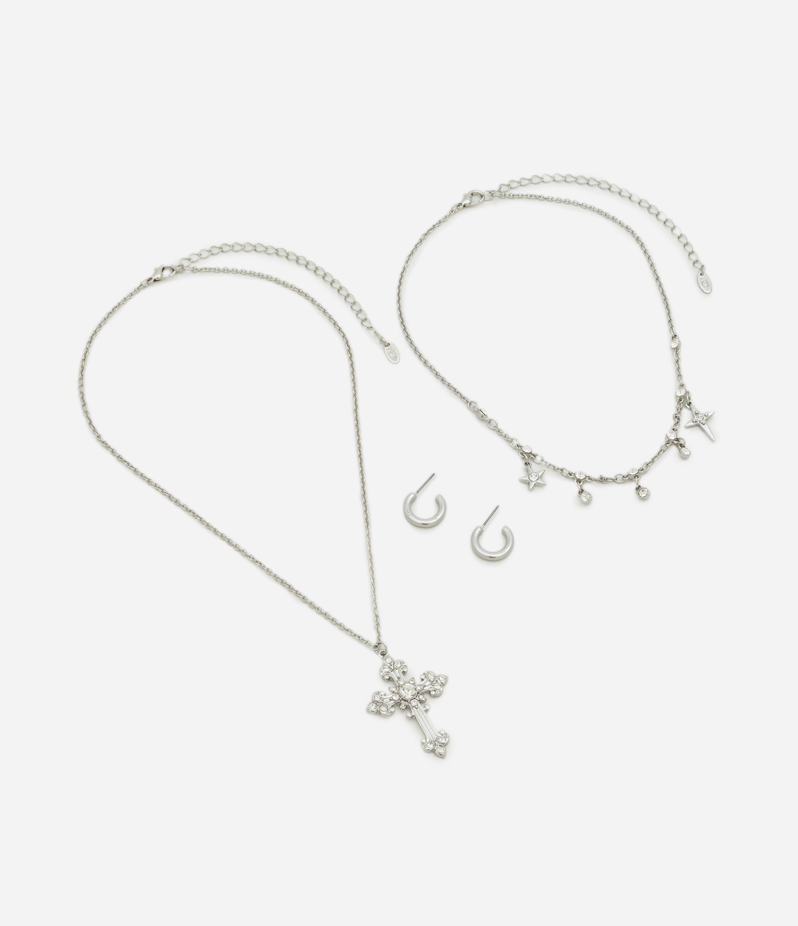Conjunto de Colar Camadas com Pingente de Cruz e Brinco em Metal Prata 2