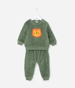 Conjunto Infantil em Fleece com Bordado de Leão - Tam 0 a 18 meses