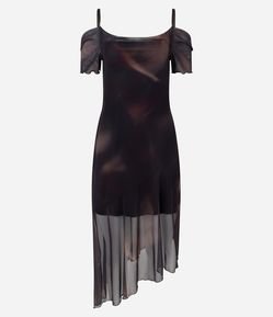 Vestido Ombro a Ombro em Tule com Estampa Abstrata