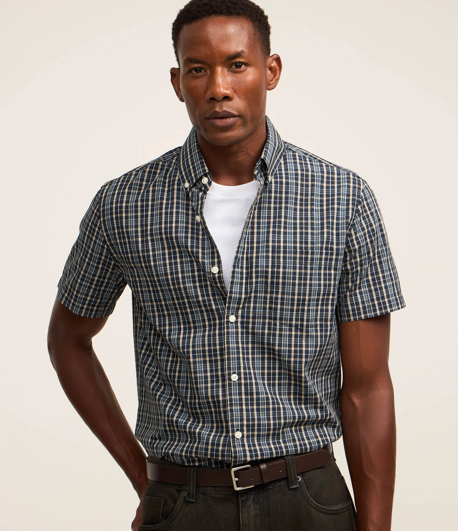 Camisa em Tricoline com Estampa Xadrez Azul 1