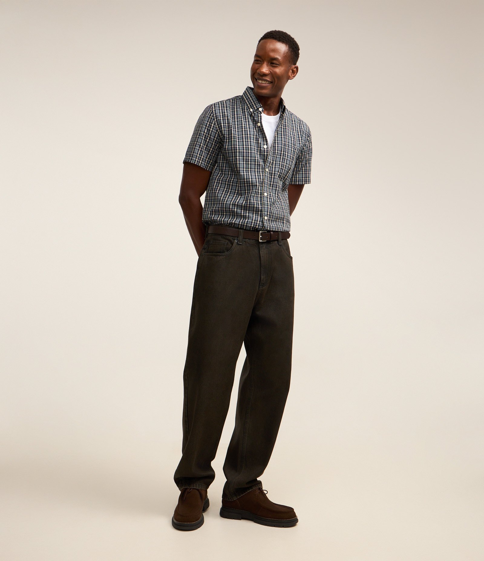 Camisa em Tricoline com Estampa Xadrez Azul 2