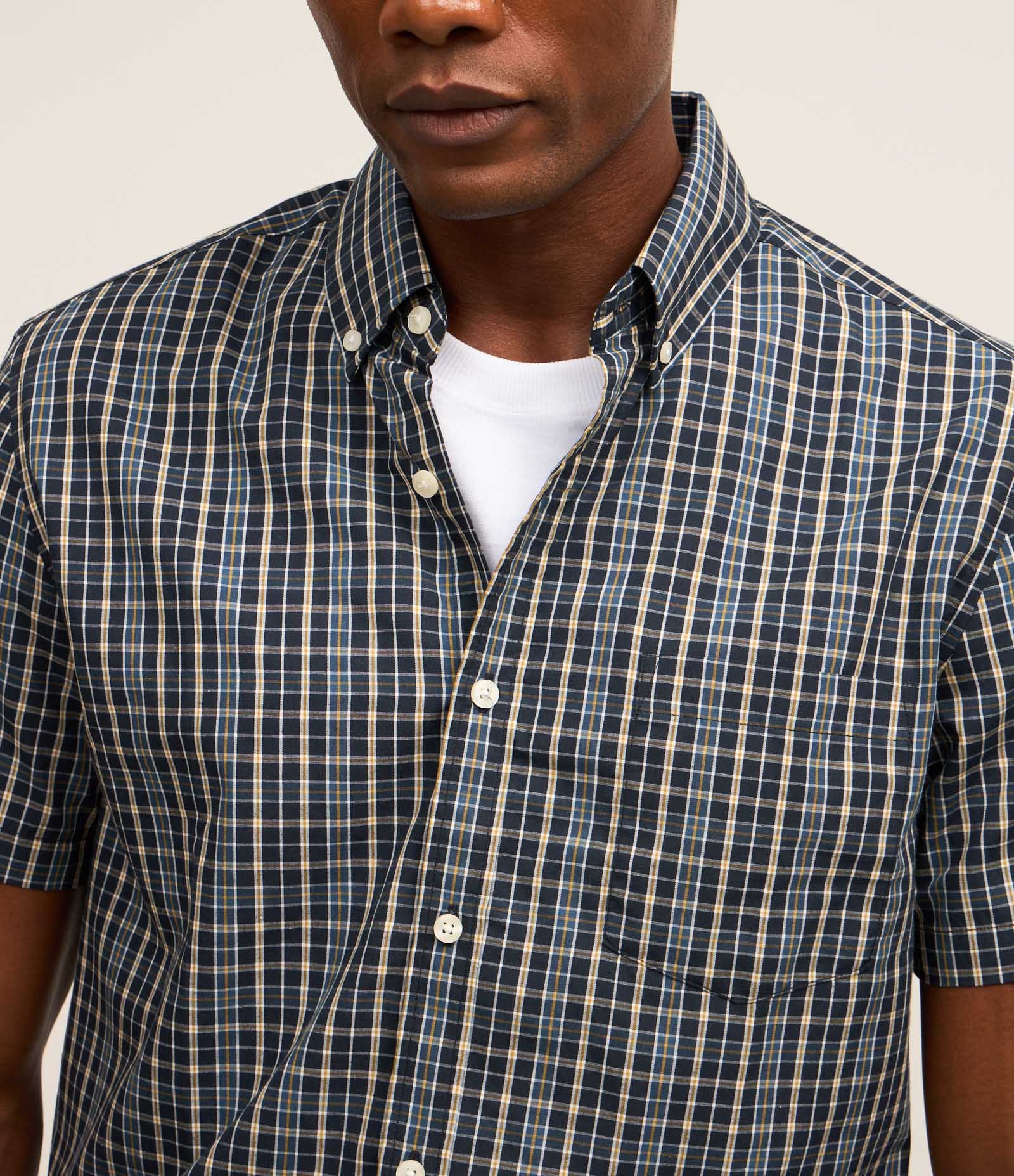 Camisa em Tricoline com Estampa Xadrez Azul 3