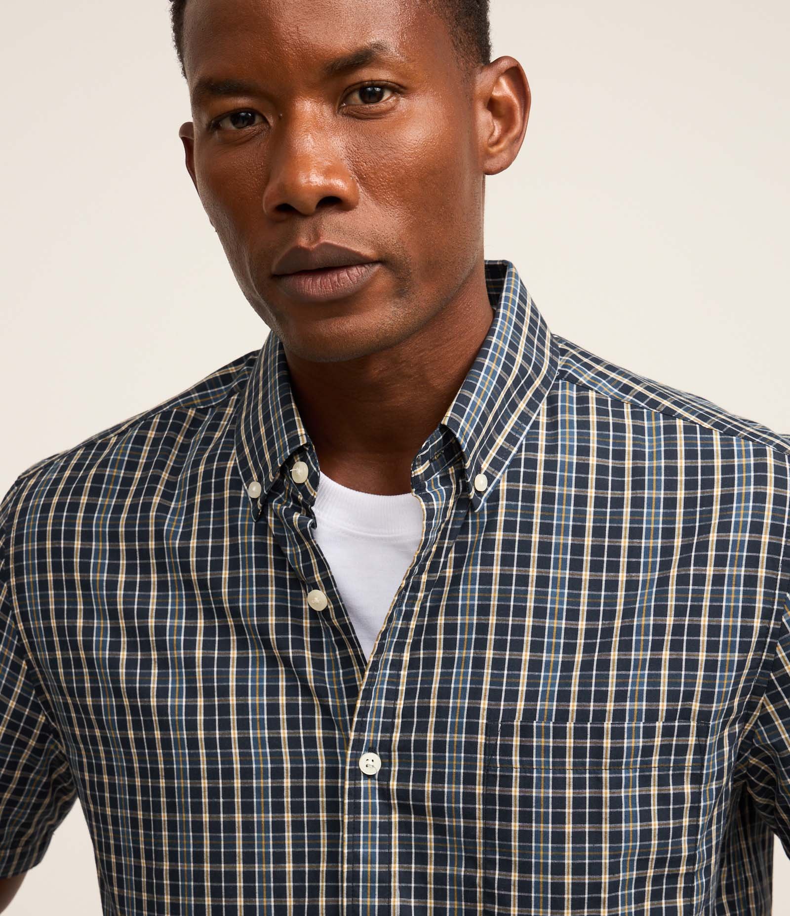 Camisa em Tricoline com Estampa Xadrez Azul 4