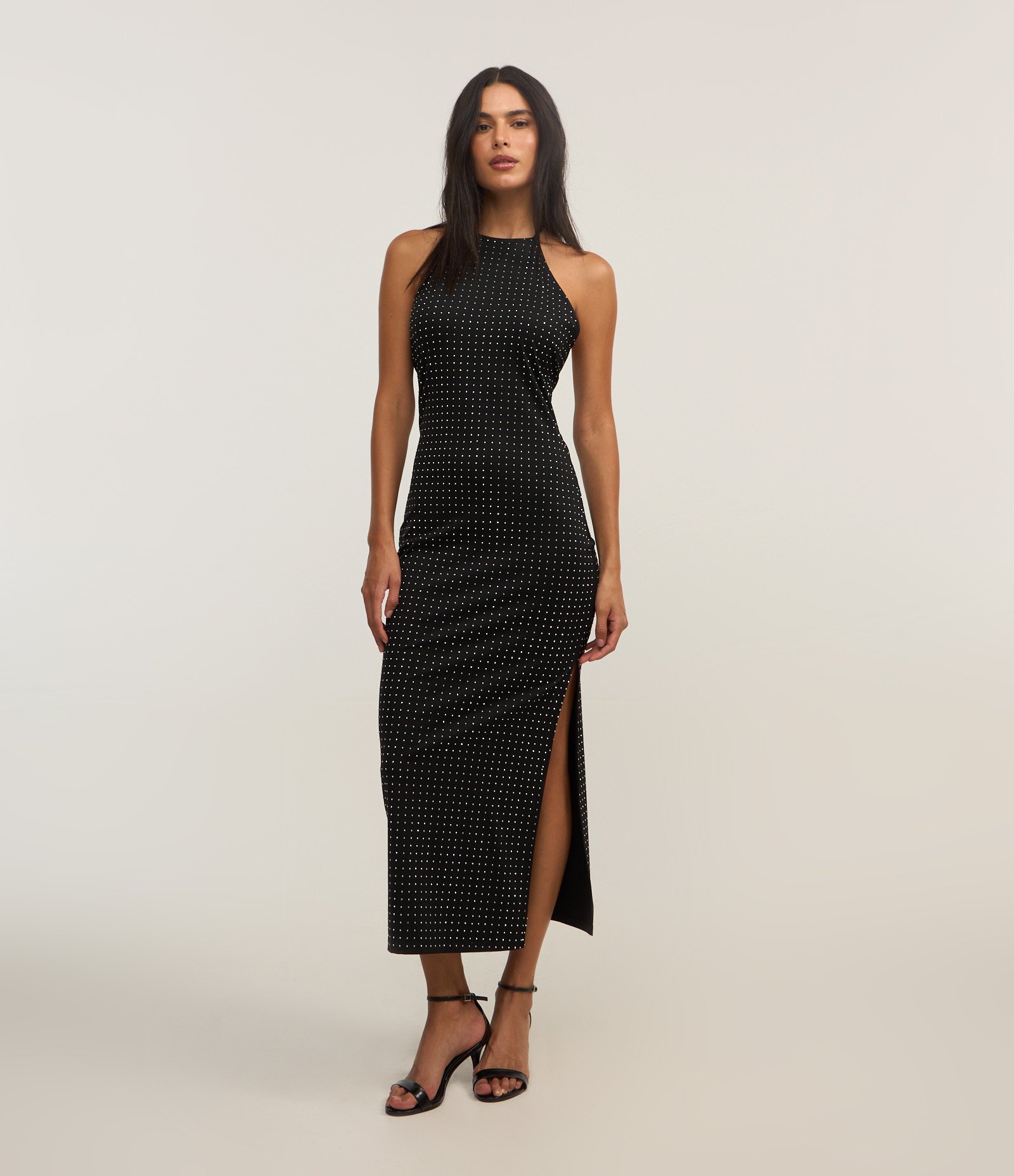 Vestido New Midi em Malha com Amarração no Pescoço e Tachinhas Lineares Preto 1
