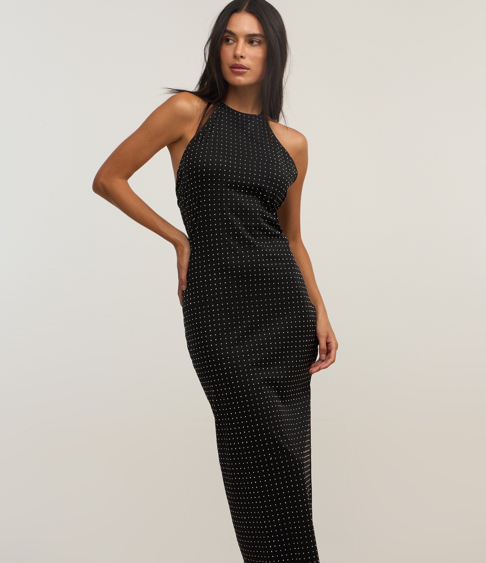 Vestido New Midi em Malha com Amarração no Pescoço e Tachinhas Lineares Preto 2