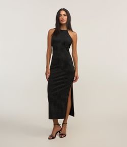 Vestido New Midi em Malha com Amarração no Pescoço e Tachinhas Lineares