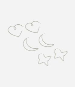 Kit 03 Brincos Argolas em Metal com Formatos Diversos