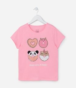 Camiseta Infantil Estampa Donuts e Bichinhos - Tam 5 a 14 Anos