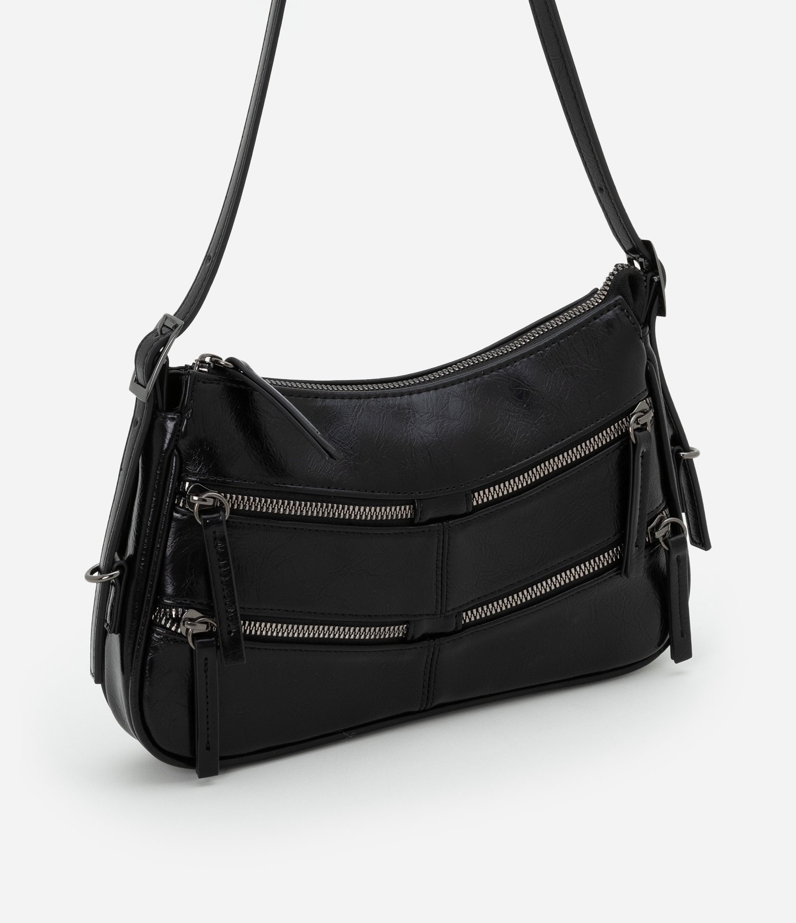 Bolsa Baguete Pequena com Detalhes em Zíperes e Pulleres Preto 2