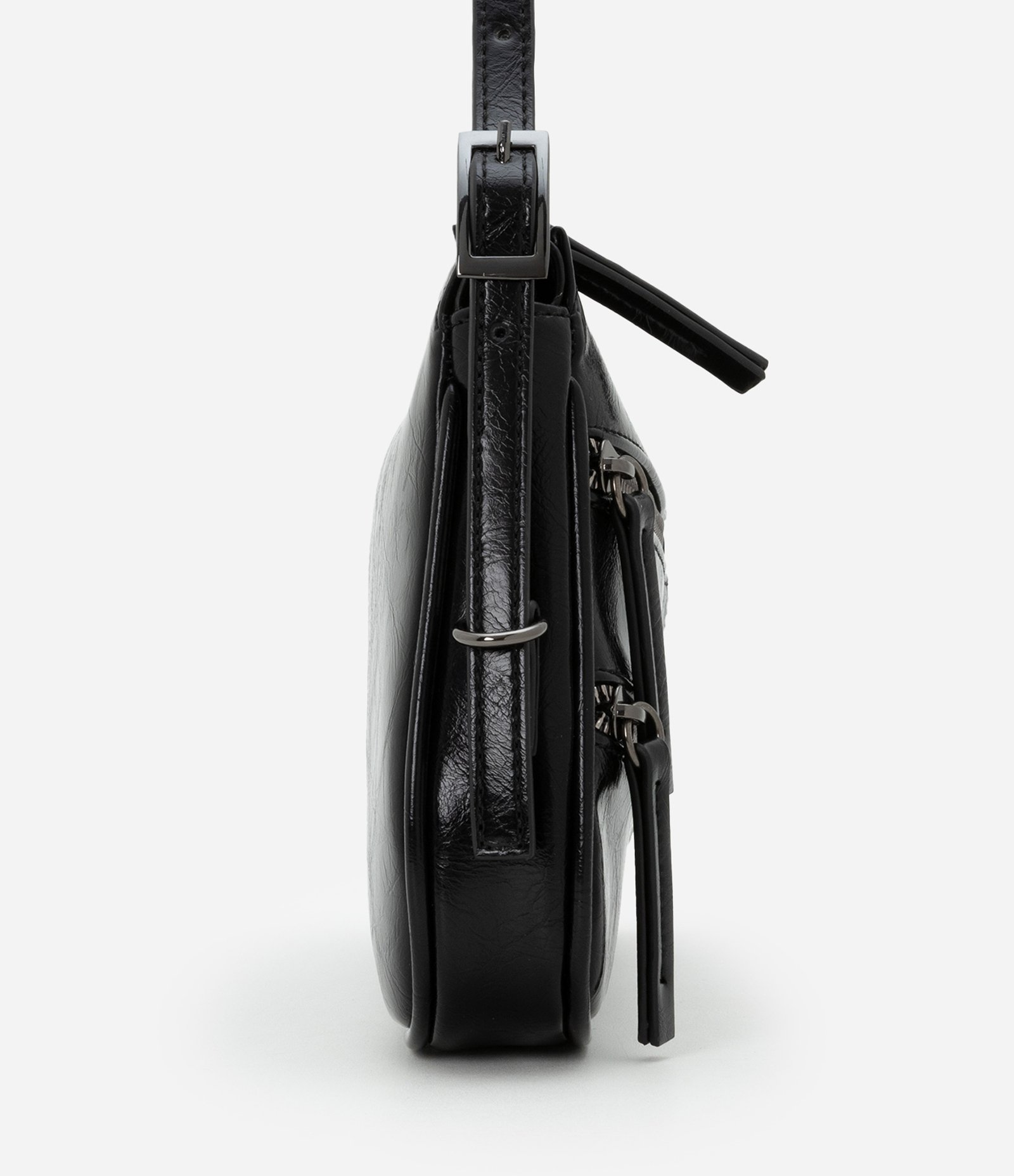 Bolsa Baguete Pequena com Detalhes em Zíperes e Pulleres Preto 3