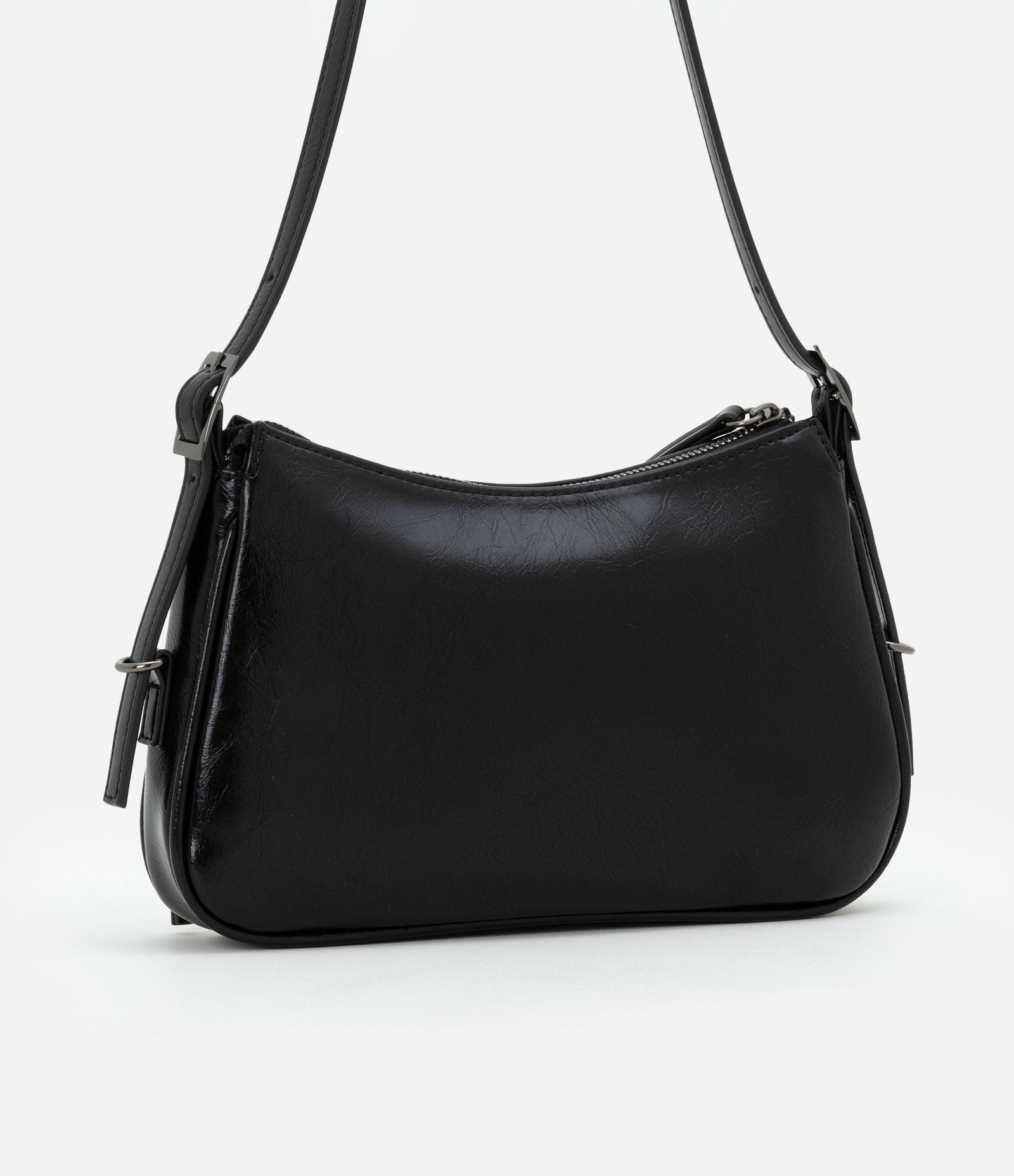 Bolsa Baguete Pequena com Detalhes em Zíperes e Pulleres Preto 4