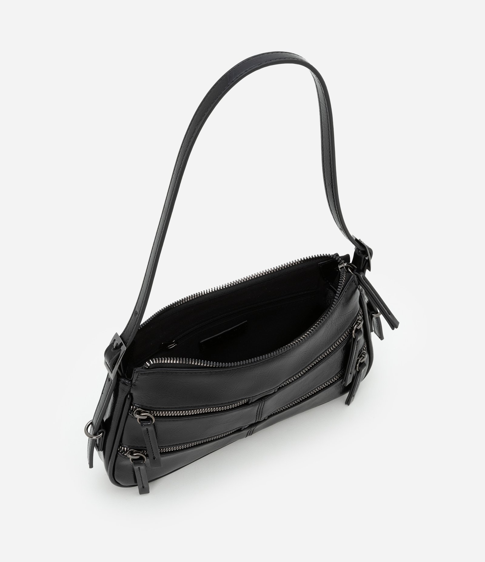 Bolsa Baguete Pequena com Detalhes em Zíperes e Pulleres Preto 5