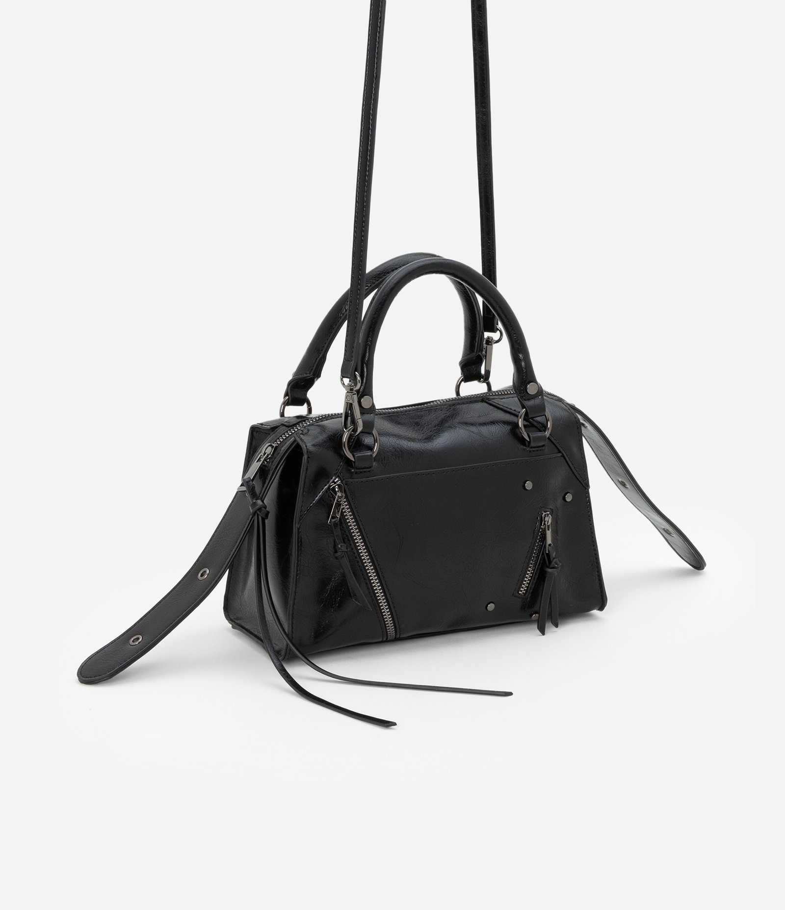 Bolsa Satchel Média Desestruturada com Zíperes e Pullers Preto 2