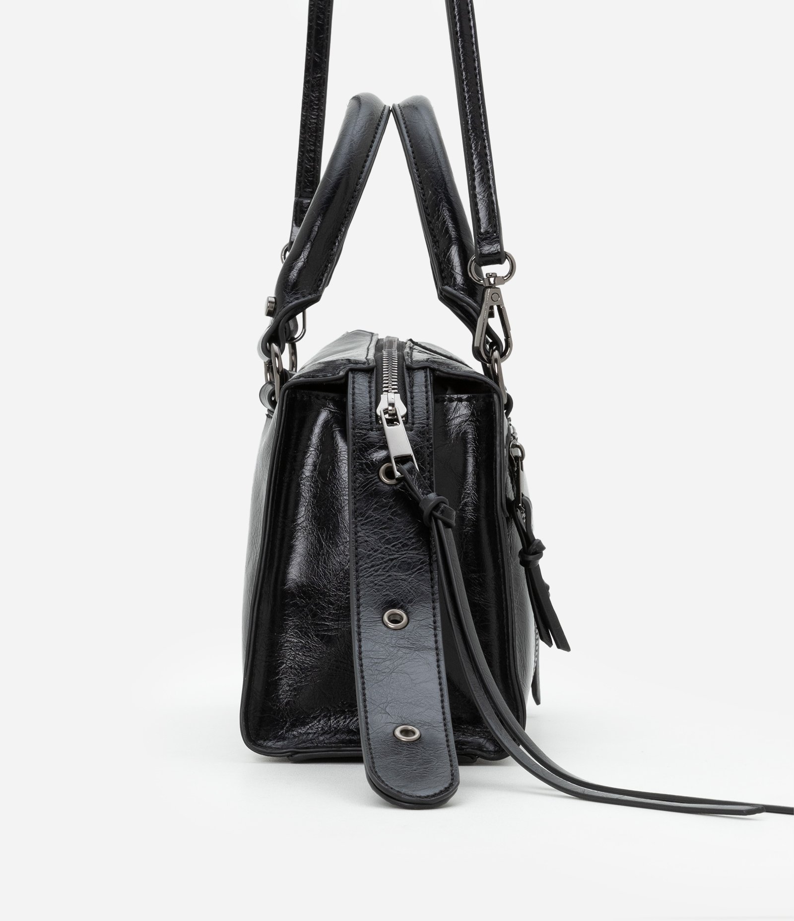 Bolsa Satchel Média Desestruturada com Zíperes e Pullers Preto 3