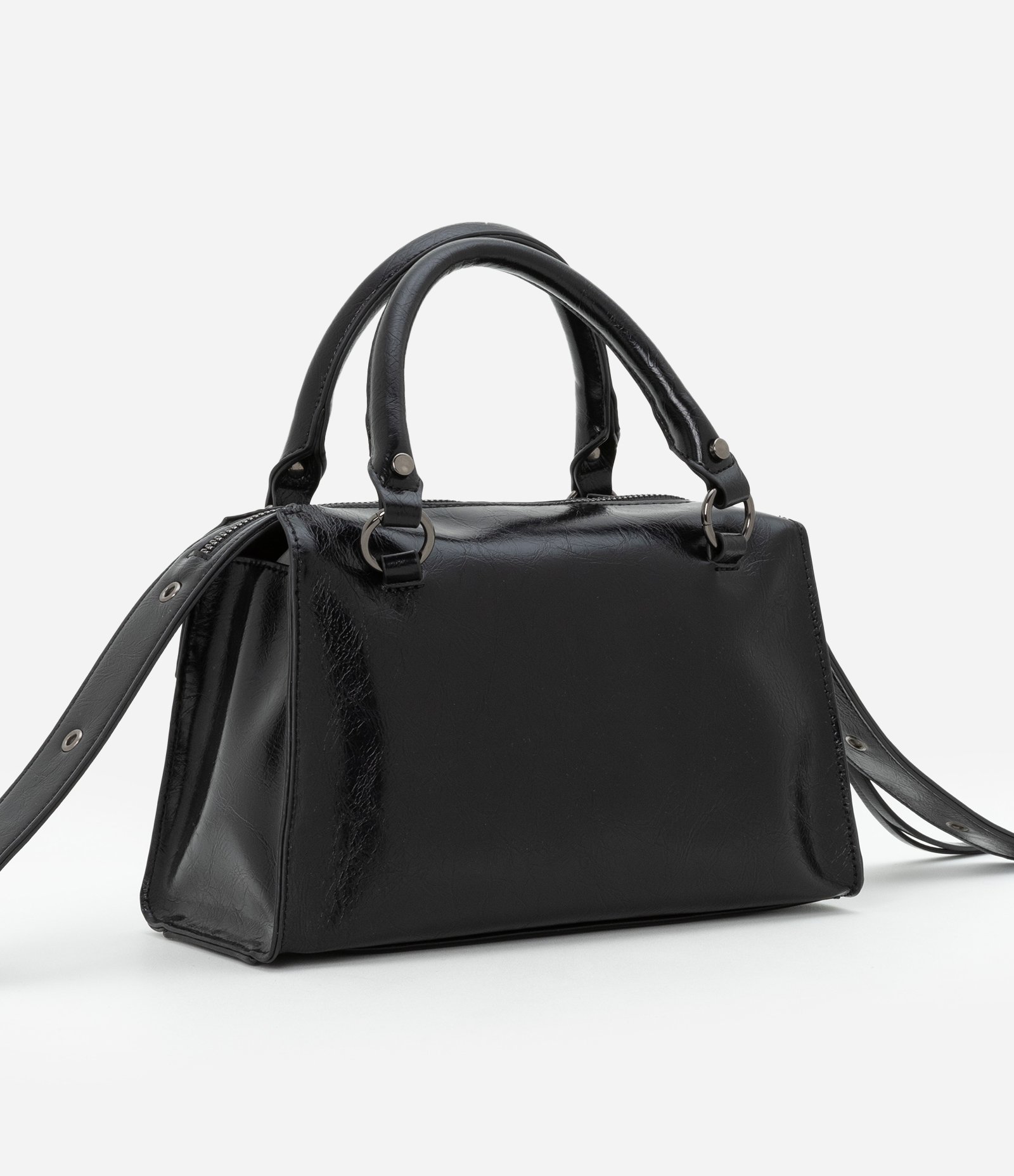 Bolsa Satchel Média Desestruturada com Zíperes e Pullers Preto 4