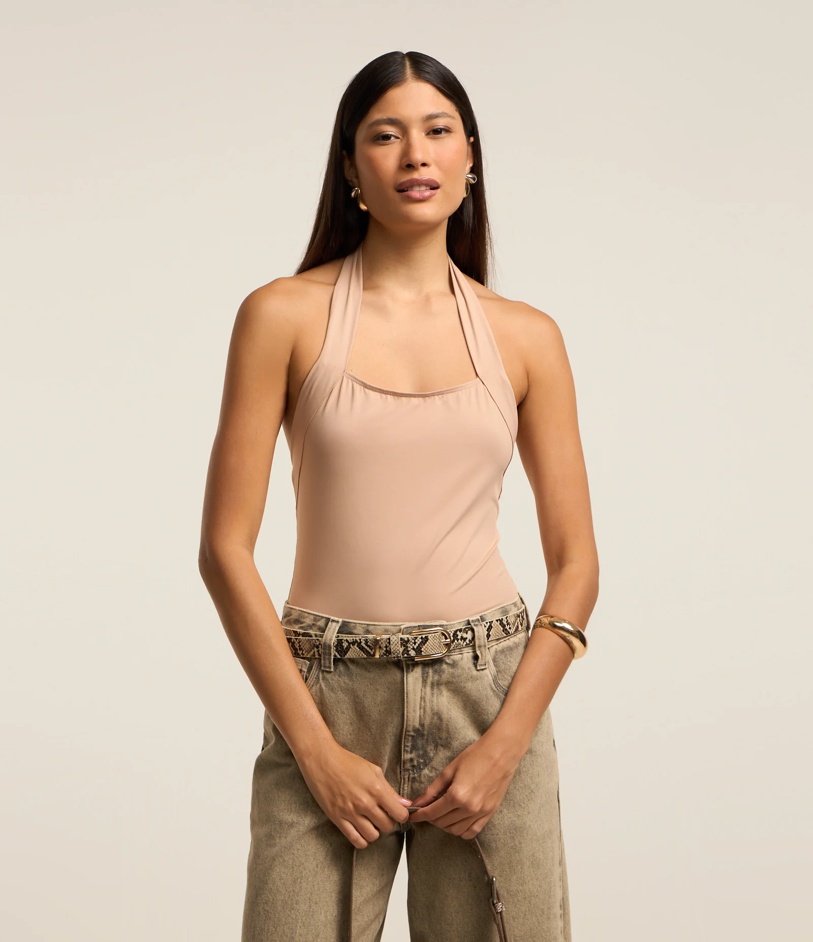 Body Frente Única em Microfibra com Decote Quadrado Bege 1