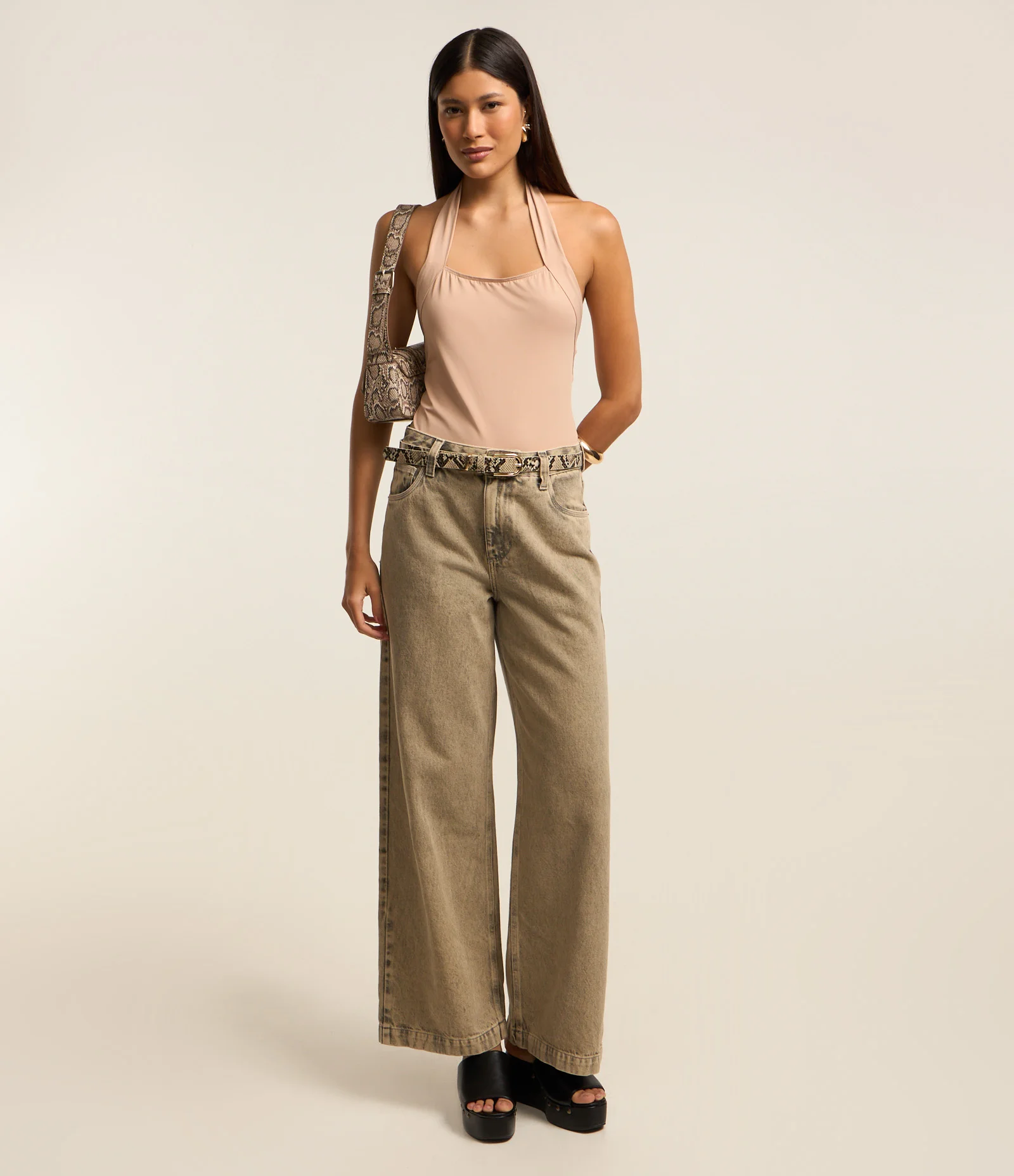 Body Frente Única em Microfibra com Decote Quadrado Bege 2