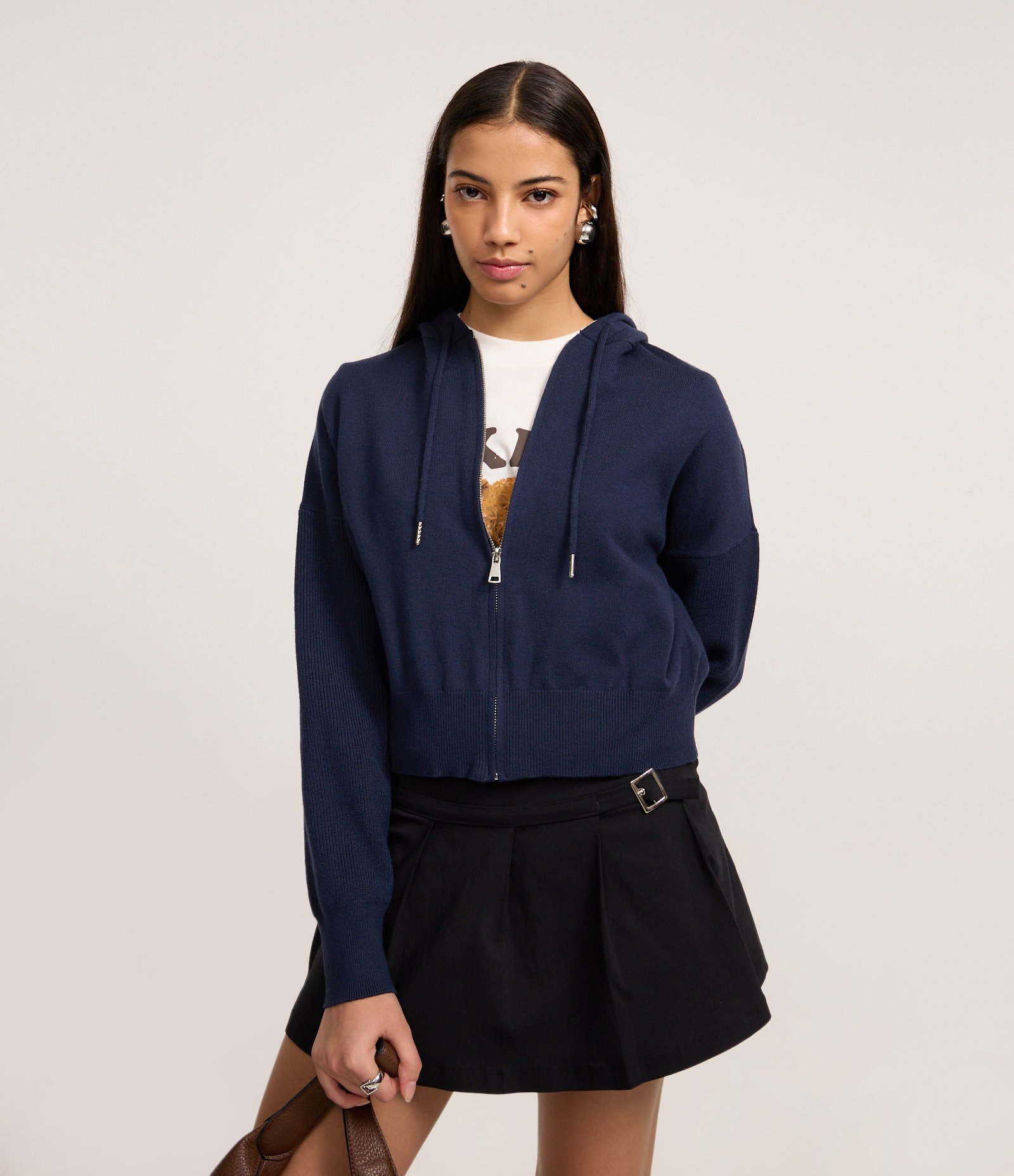 Jaqueta Curta em Tricô com Capuz Azul 1