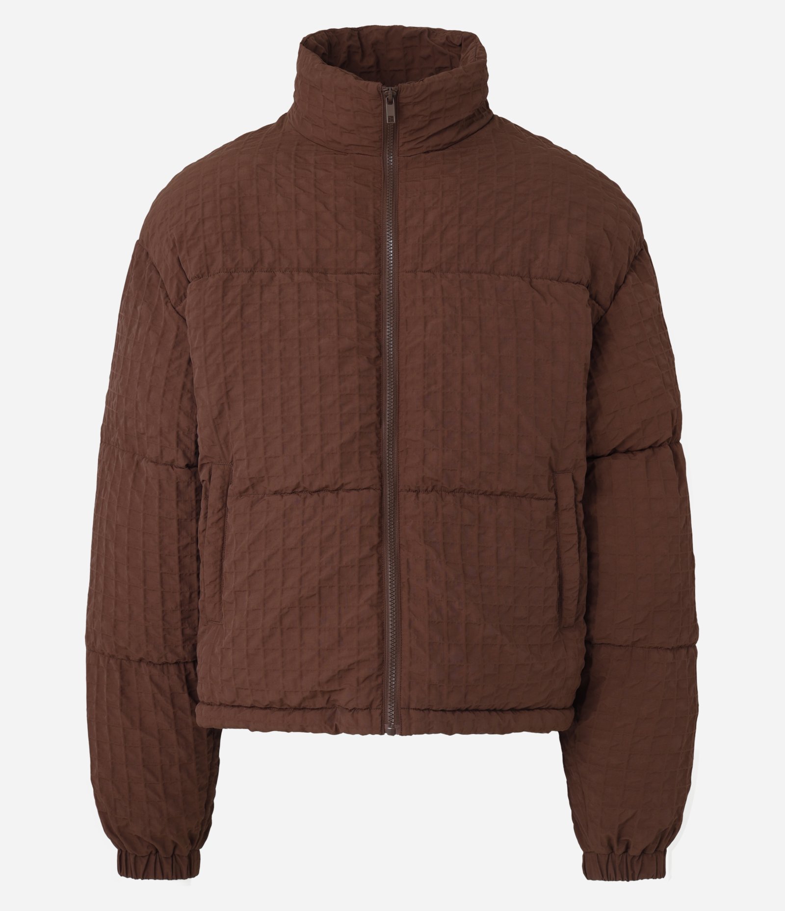 Jaqueta Boxy em Poliamida Com Texturizas Quadriculada Marrom