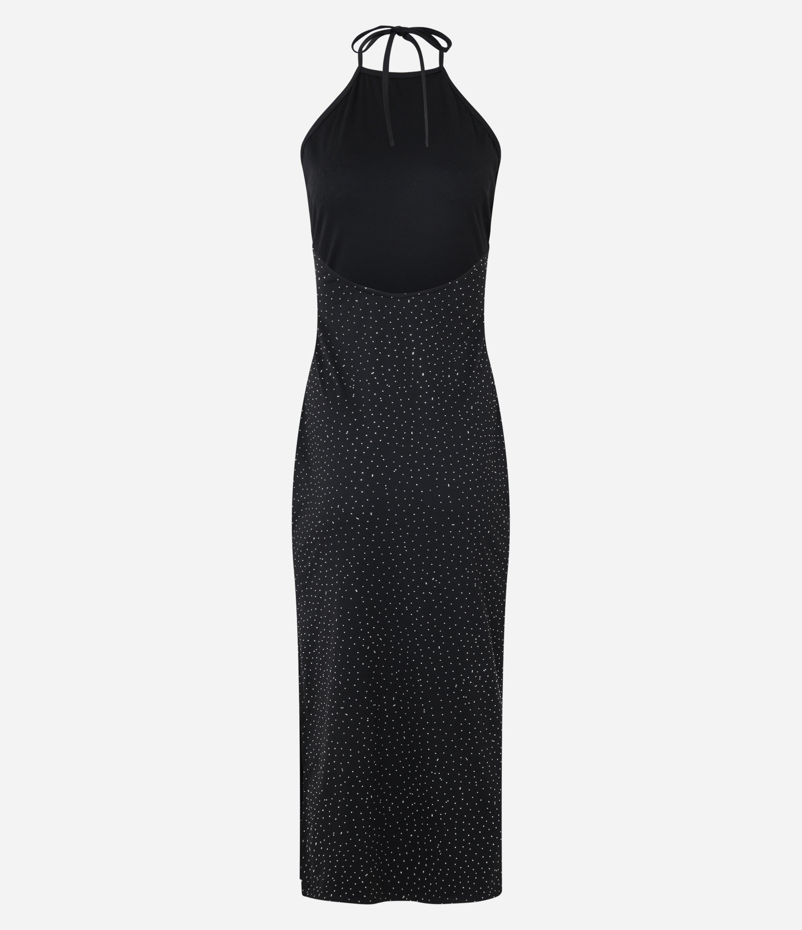 Vestido New Midi em Malha com Amarração no Pescoço e Tachinhas Salpicadas Preto 7