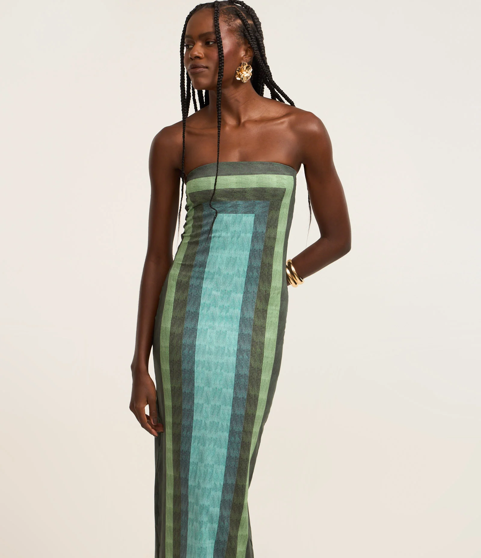 Vestido New Midi com Estampa de Listras Geométricas e Fenda Traseira Verde 2