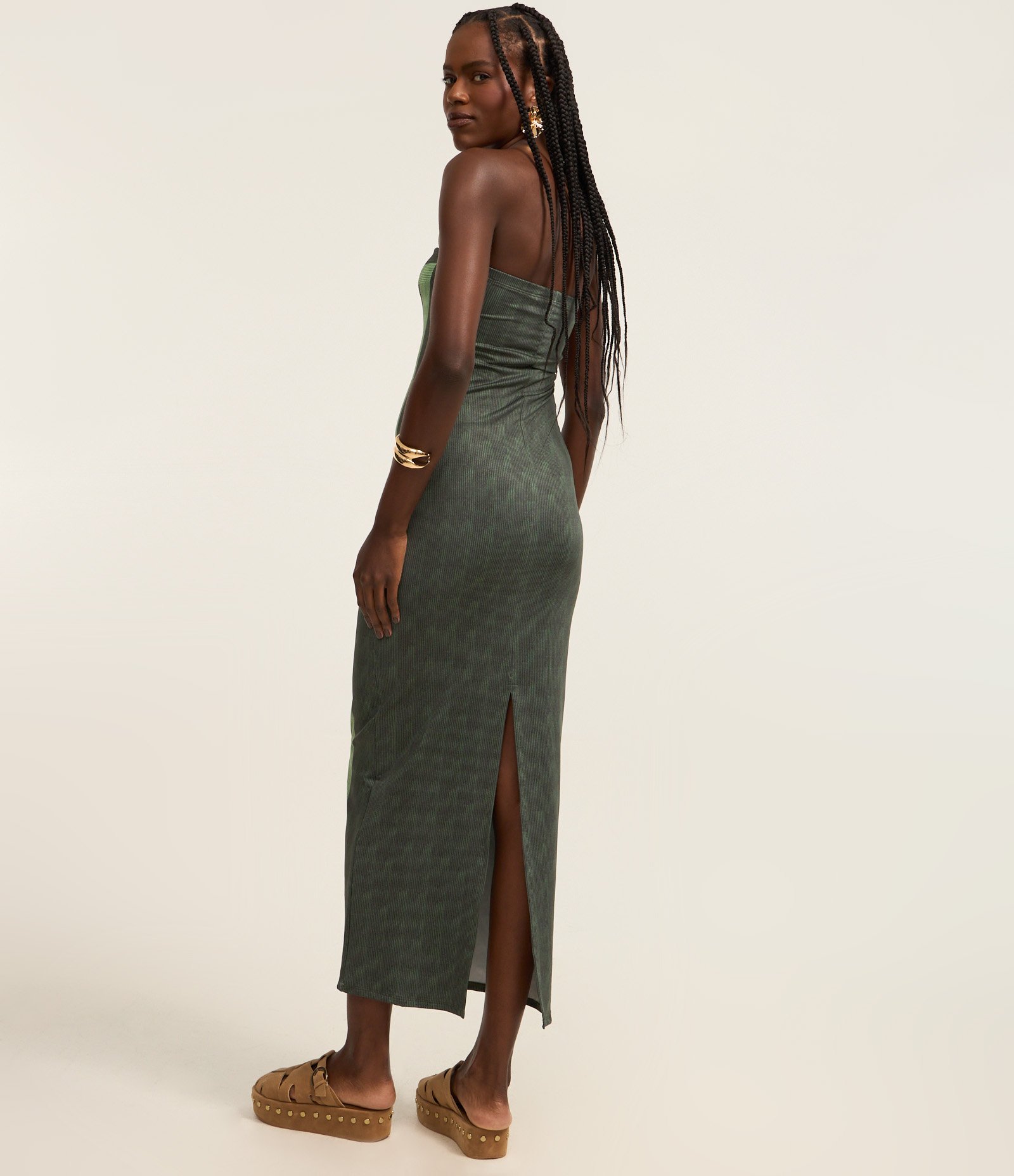 Vestido New Midi com Estampa de Listras Geométricas e Fenda Traseira Verde 3