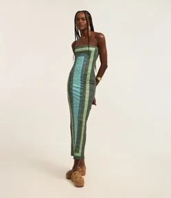 Vestido New Midi com Estampa de Listras Geométricas e Fenda Traseira