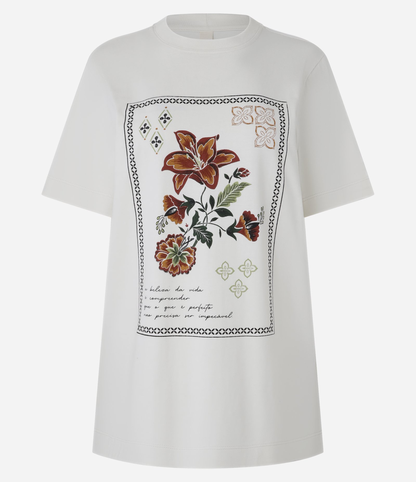 Camiseta em Algodão com Flor e Caligrafia Estampadas Branco 1