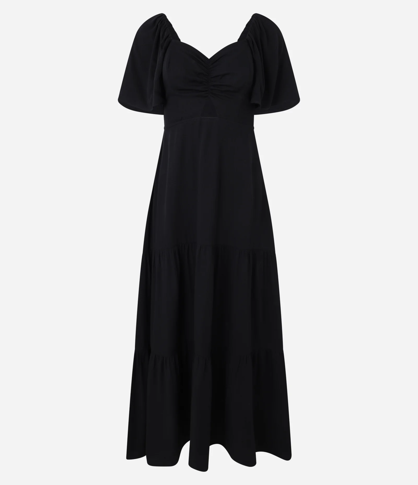 Vestido Evasê Long Midi em Viscose com Puxadinho no Busto Preto 1