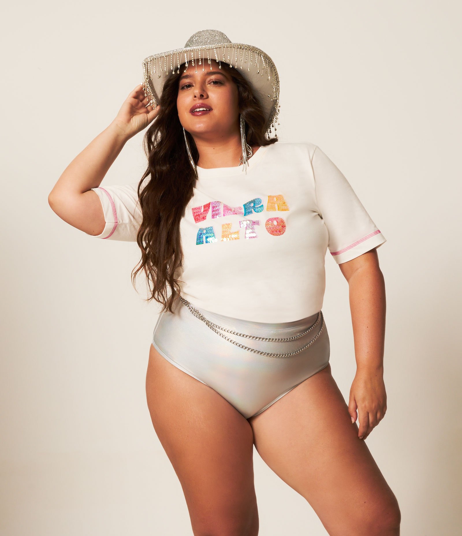 Camiseta Cropped com Paetê Vibra Alto Curve & Plus Size Branco 2