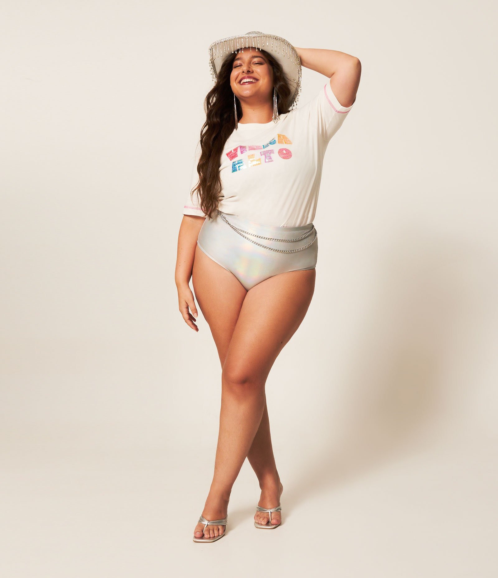 Camiseta Cropped com Paetê Vibra Alto Curve & Plus Size Branco 3