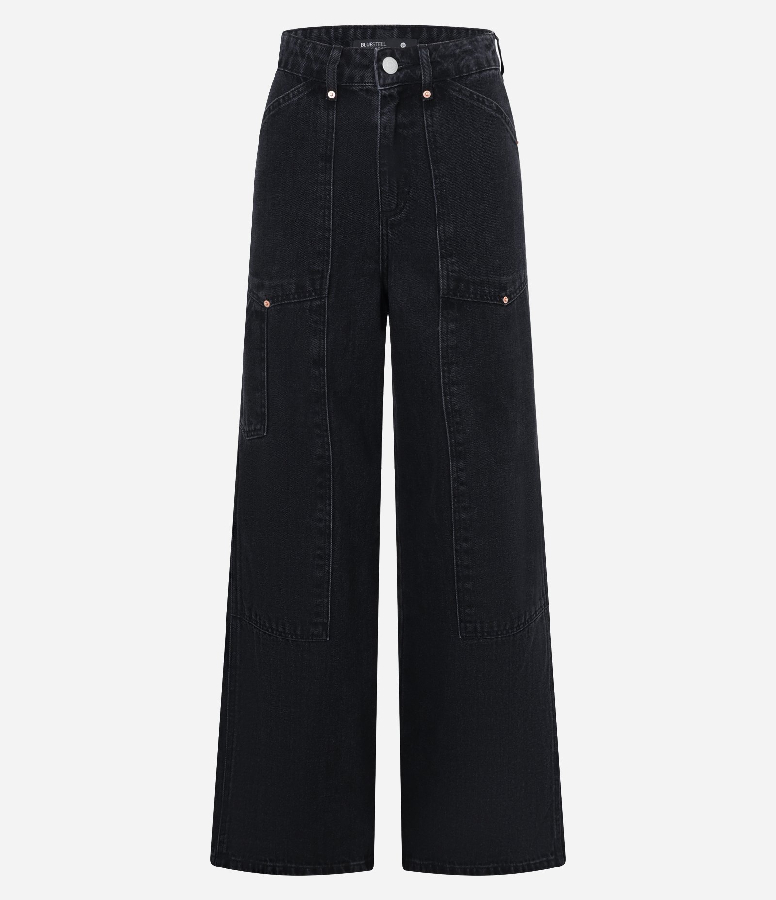 Calça Wide Leg em Jeans com Bolsos Táticos e Rebites Preto 6