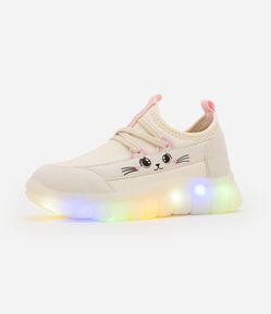 Tênis Calce Fácil Infantil com Sola LED e Estampa Gatinho - Tam 20 ao 27