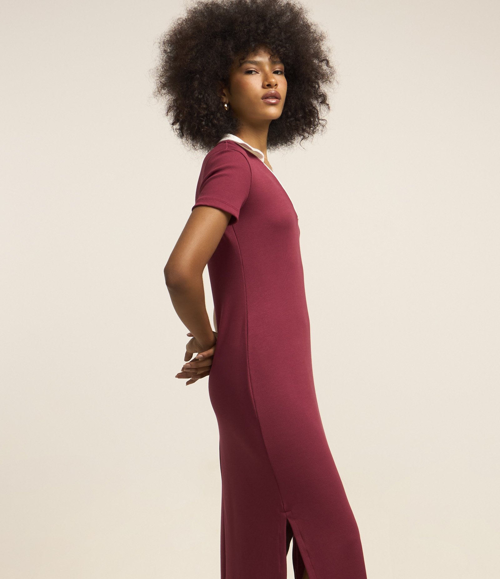 Vestido Midi em Ribana com Colarinho Contrastante na Gola Vermelho 3