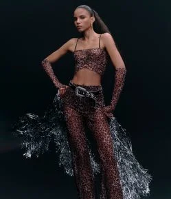 Calça Pantalona em Tule com Estampa de Oncinha