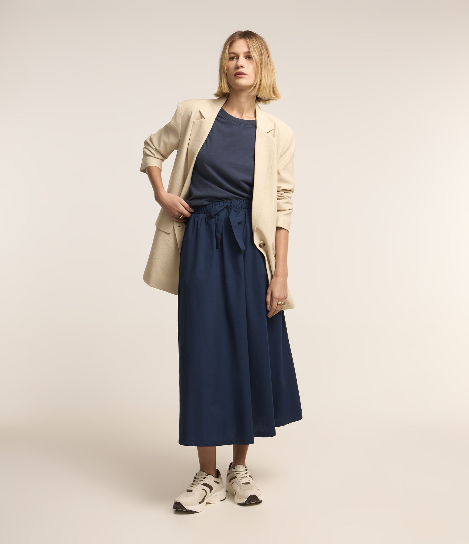 Saia Midi em Tricoline com Amarração de Lacinho Frontal Azul 1