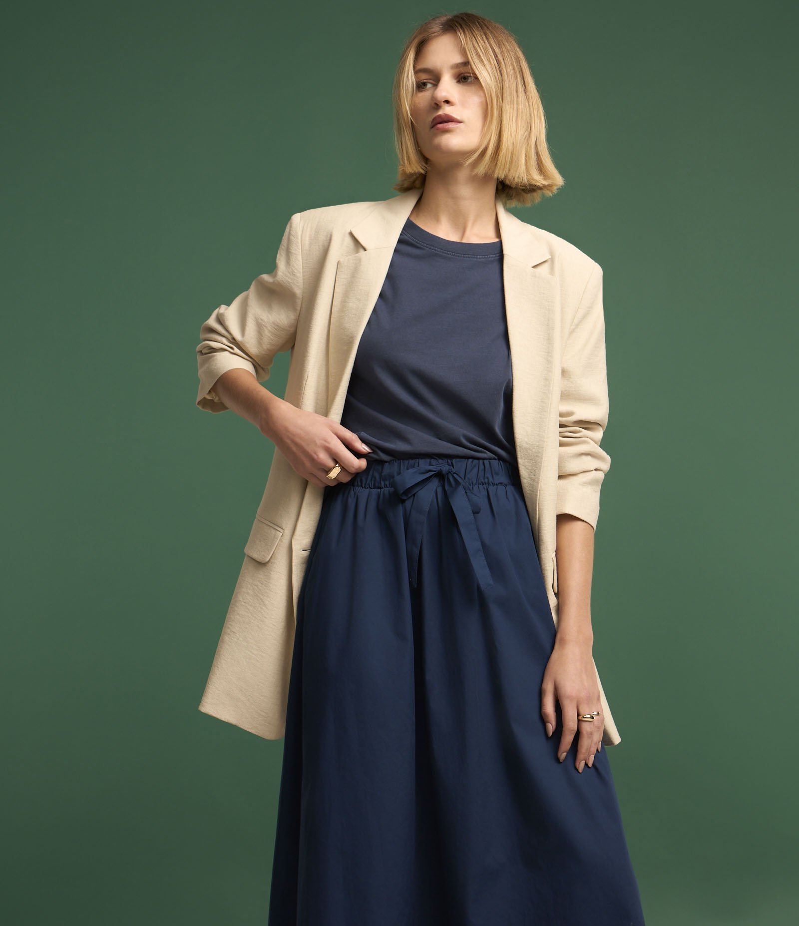 Saia Midi em Tricoline com Amarração de Lacinho Frontal Azul 2