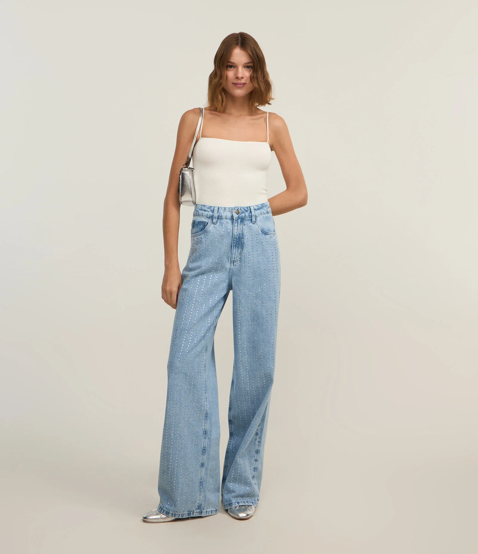 Calça Wide Leg em Jeans com Listras de Brilhos Azul 1